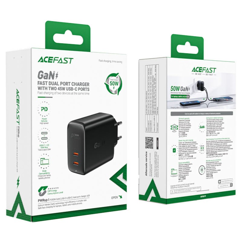 Мережевий зарядний пристрій ACEFAST A29 PD50W GaN (USB-C+USB-C) dual port charger Black