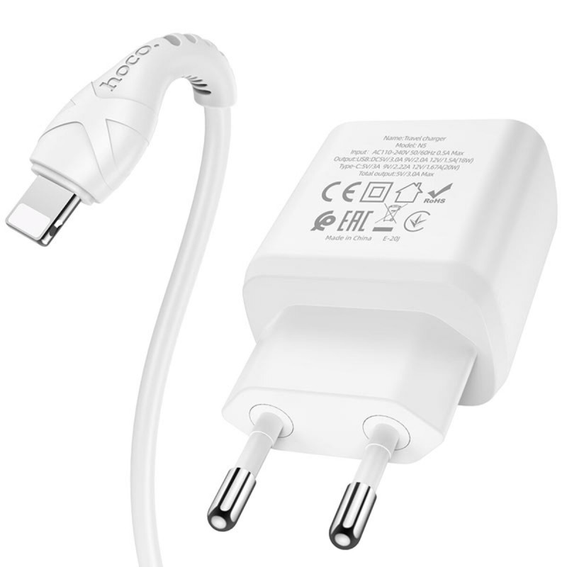 Мережевий зарядний пристрій HOCO N5 Favor dual port PD20W+QC3.0 charger set(C to iP) White
