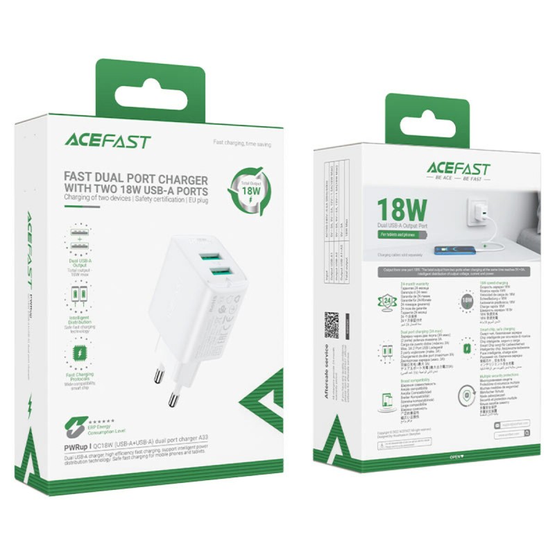 Мережевий зарядний пристрій ACEFAST A33 QC18W (USB-A+USB-A) dual port charger White