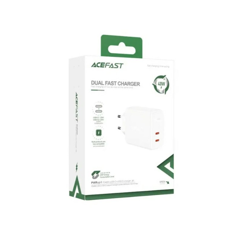 Мережевий зарядний пристрій ACEFAST A9 PD40W(USB-C+USB-C) dual port charger White