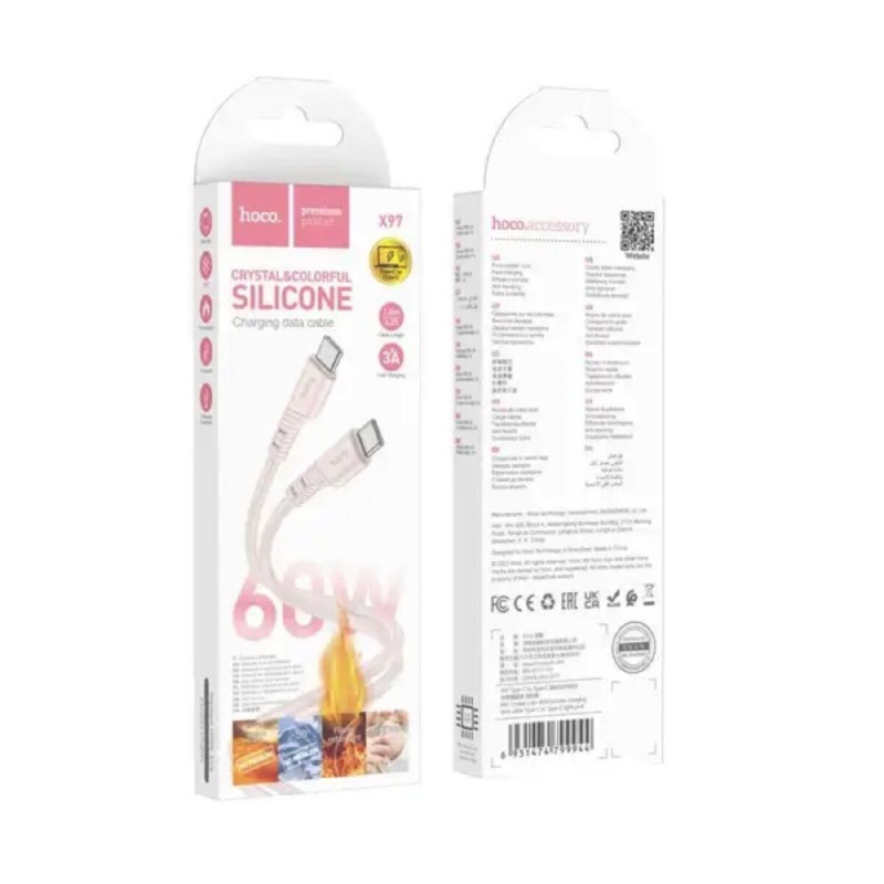 Кабель HOCO X97 Crystal color 60W silicone charging data cable Type-C to Type-C light pink