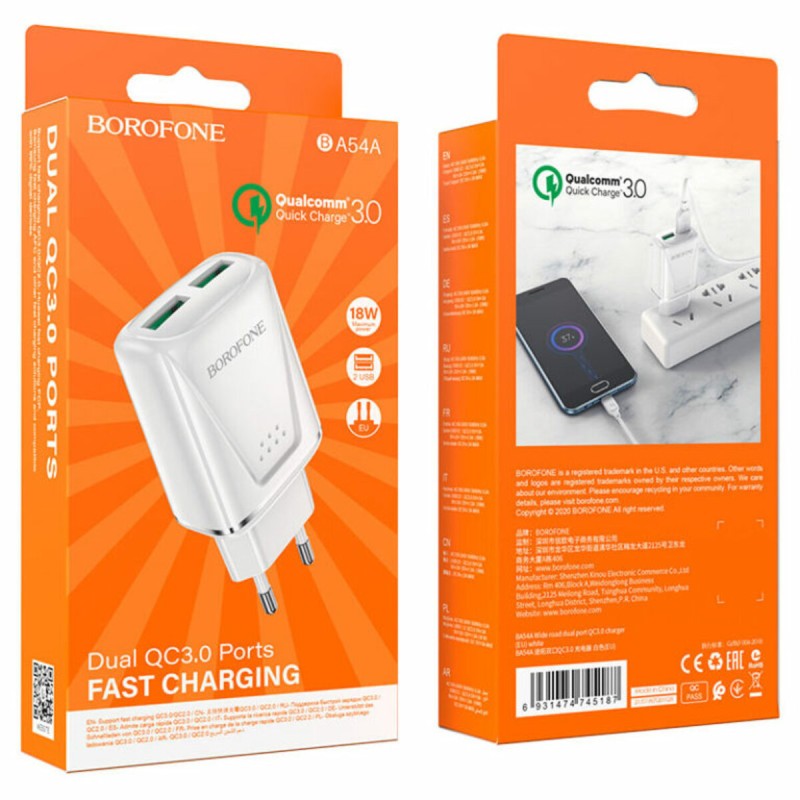 Мережевий зарядний пристрій BOROFONE BA54A Wide road dual port QC3.0 charger 18W White