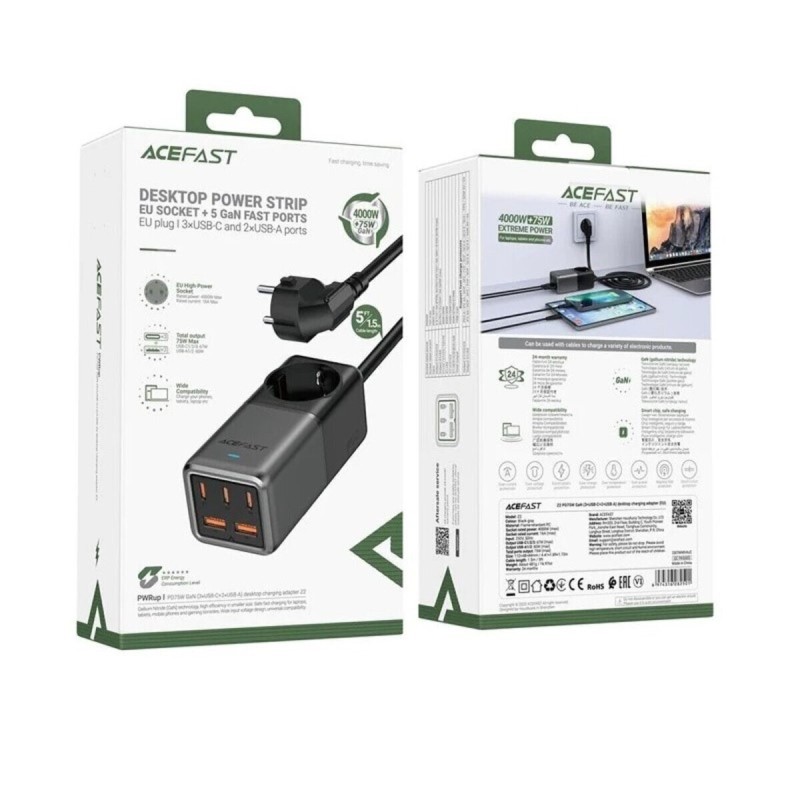 Мережевий зарядний пристрій ACEFAST Z2 PD75W GaN (3*USB-C+2*USB-A) desktop charging adapter 1,5m Black