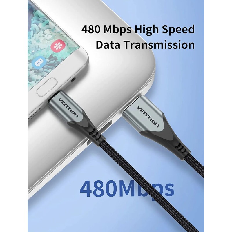 Кабель Vention Cotton Braided USB 2.0 A Male to Micro Male 3A Cable 1.5M Gray Aluminum Alloy Type (COAHG)