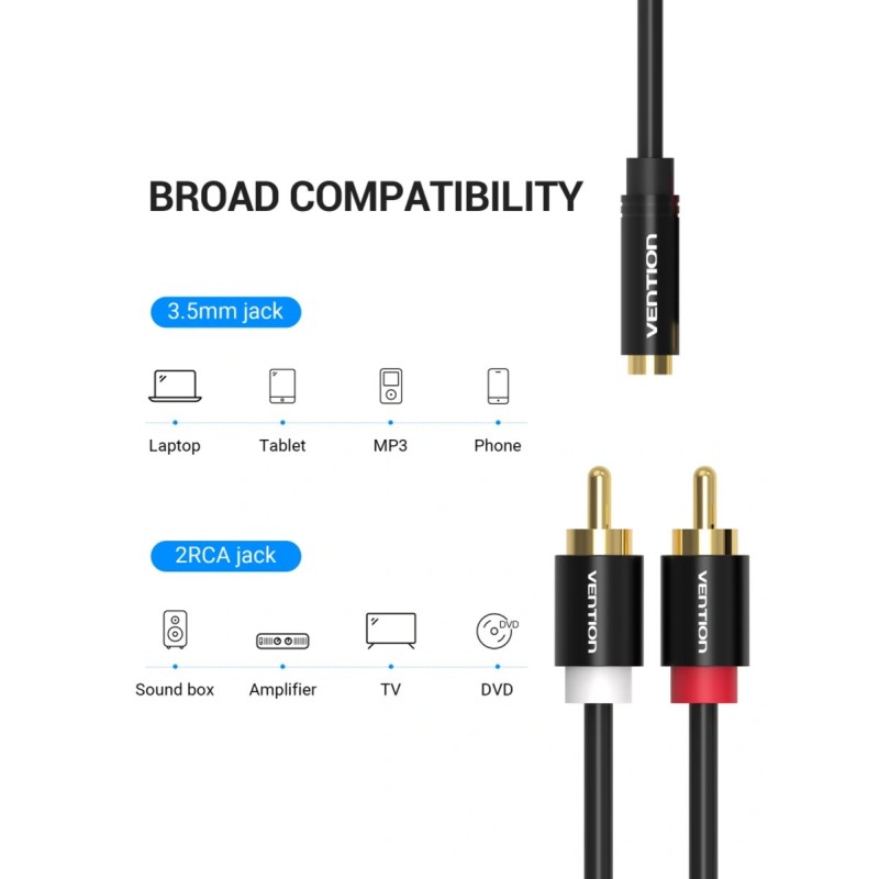 Кабель Vention 3.5mm Female to 2RCA Male Audio Cable 1M Black Metal Type (VAB-R01-B100)