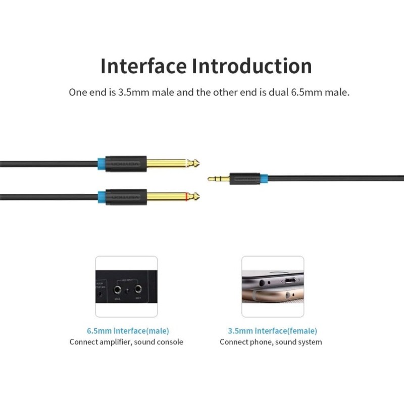 Кабель Vention 3.5mm TRS Male to Dual 6.35mm Male Audio Cable 1M Black (BACBF)