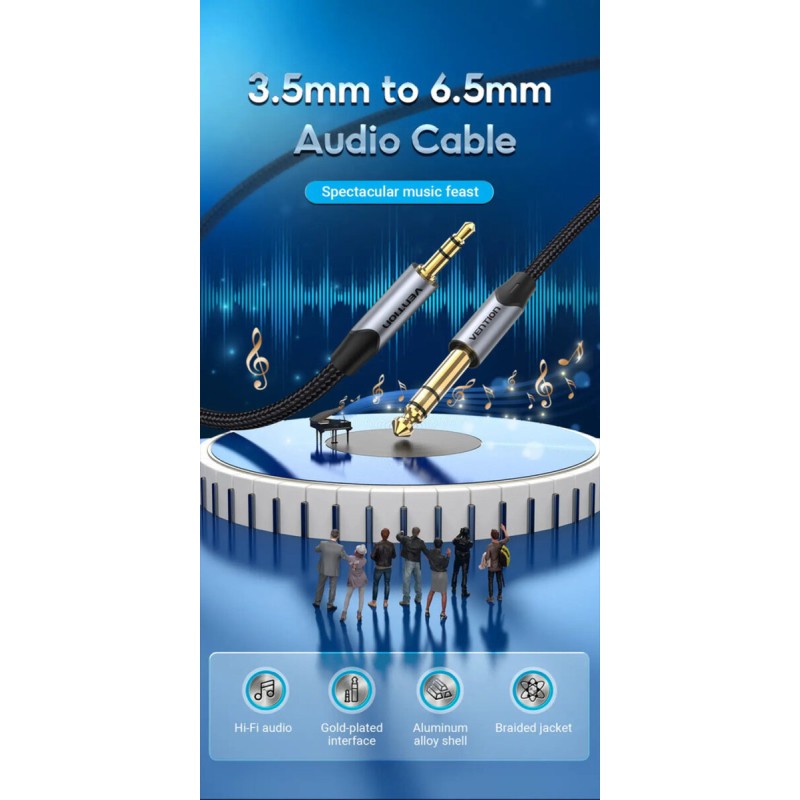 Кабель Vention Cotton Braided 3.5mm TRS Male to 6.35mm Male Audio Cable 2M Gray Aluminum Alloy Type (BAUHH)
