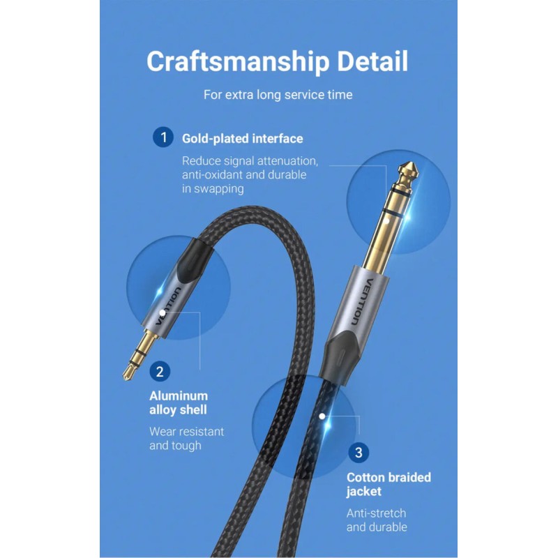 Кабель Vention Cotton Braided 3.5mm TRS Male to 6.35mm Male Audio Cable 2M Gray Aluminum Alloy Type (BAUHH)