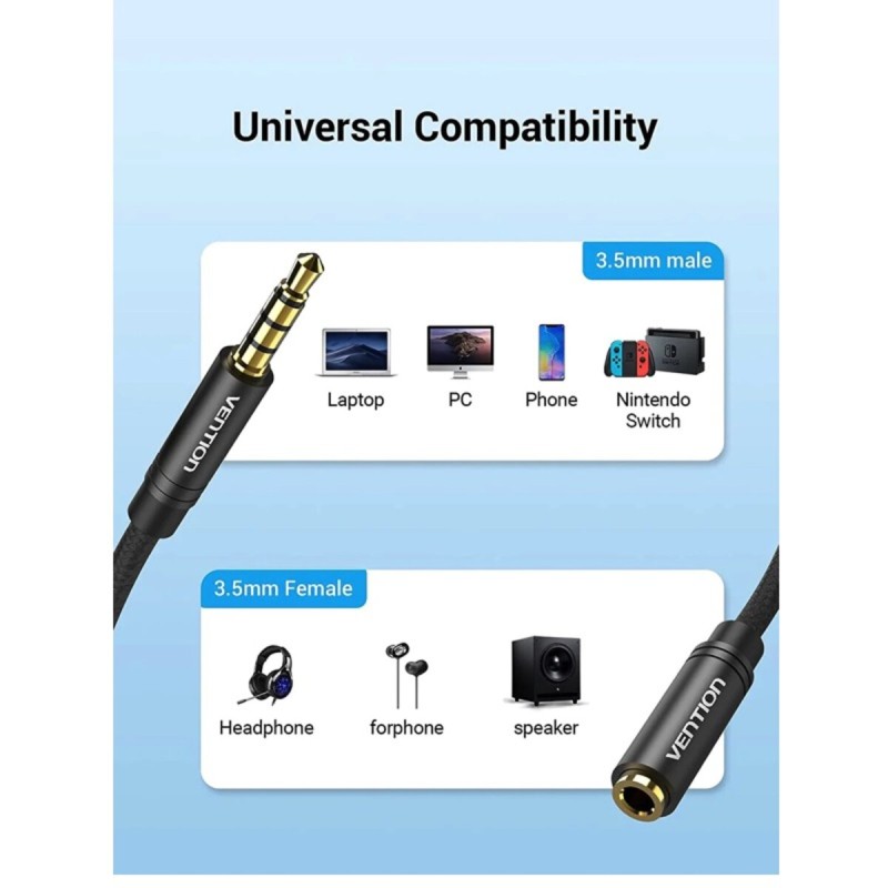 Кабель Подовжувач Vention Cotton Braided TRRS 3.5mm Male to 3.5mm Female Audio Extension Cable 1.5M Black Aluminum Alloy Type