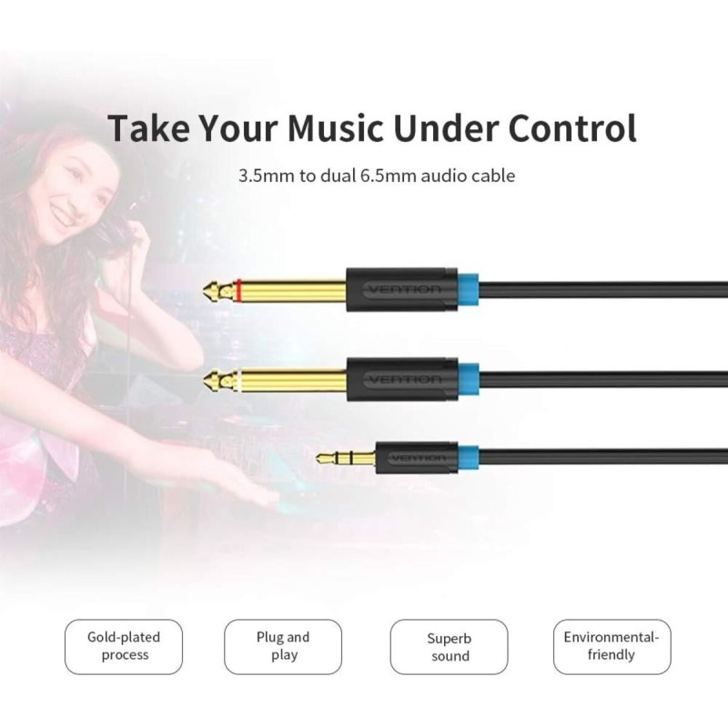 Кабель Vention 3.5mm TRS Male to Dual 6.35mm Male Audio Cable 3M Black (BACBI)