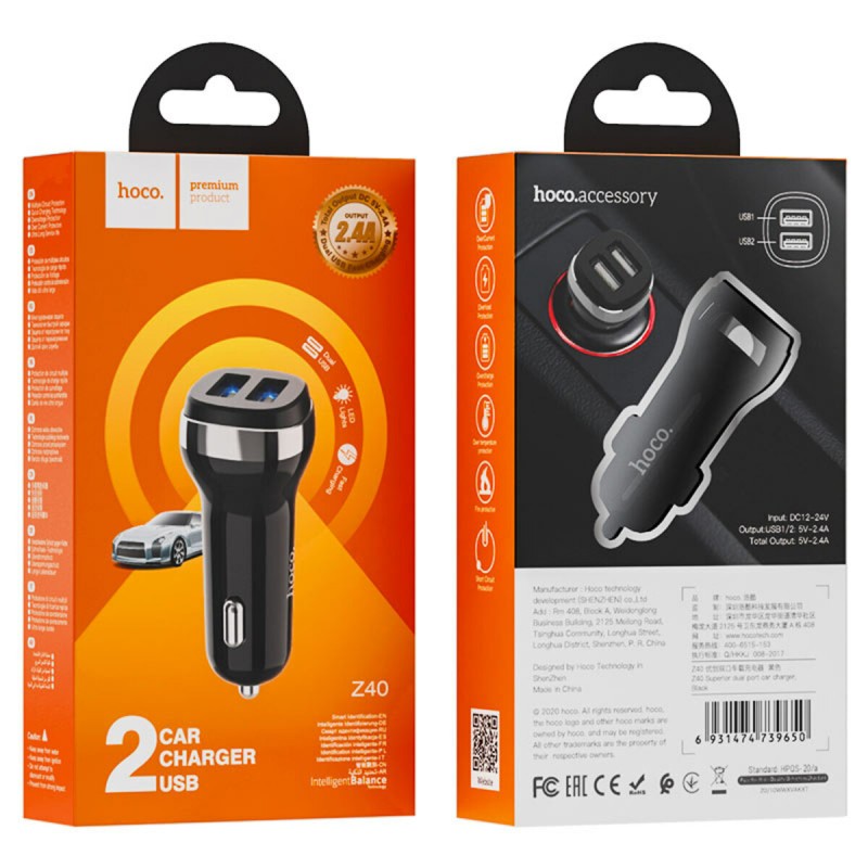 Автомобільний зарядний пристрій HOCO Z40 Superior dual port car charger Black