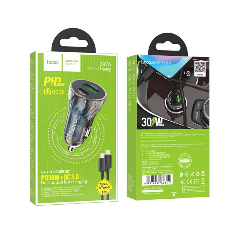 Автомобільний зарядний пристрій HOCO Z47A Transparent Discovery Edition dual port PD30W+QC3.0 car charger set(Type-C to Type-C) Transparent Black