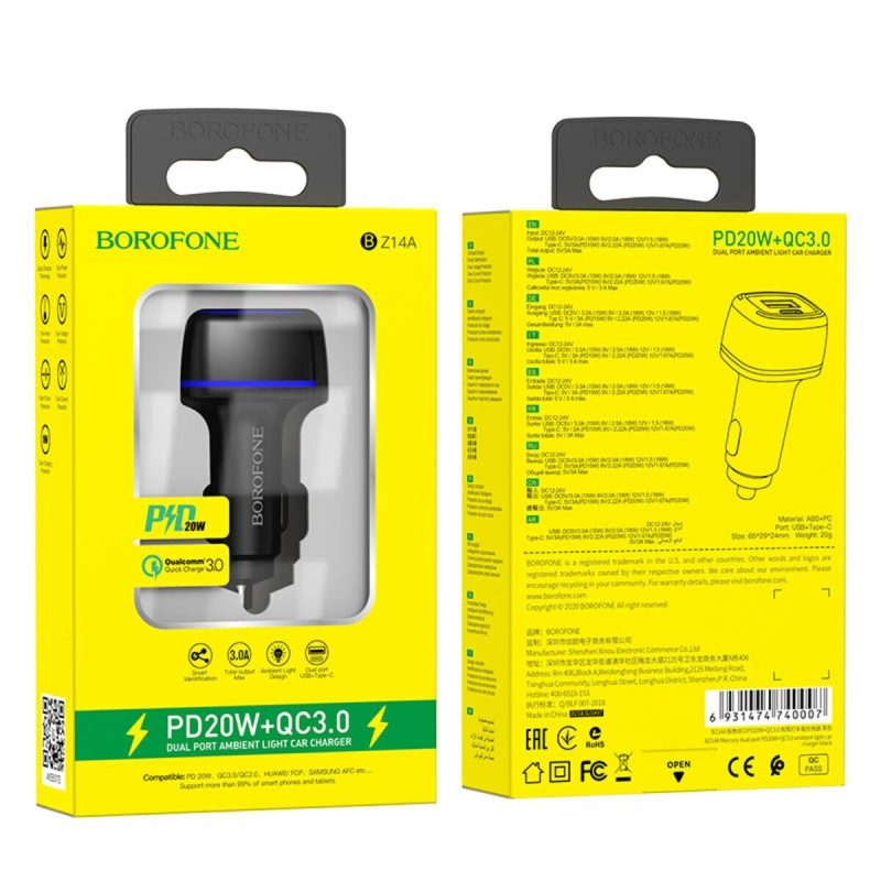 Автомобільний зарядний пристрій BOROFONE BZ14A Mercury PD20W+QC3.0  Black