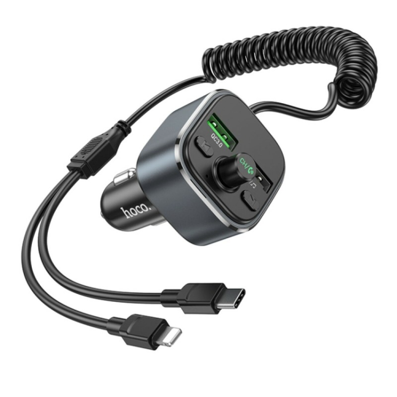 Автомобільний зарядний пристрій HOCO E74 Energy QC3.0 2-in-1 car BT FM transmitter with cable 18W Metal Gray