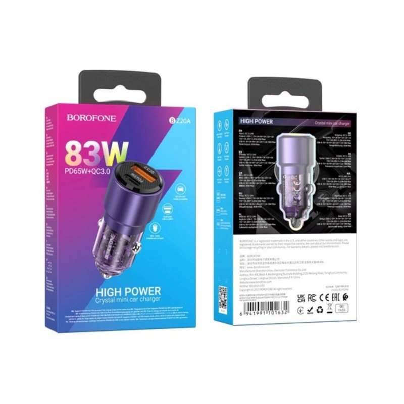 Автомобільний зарядний пристрій BOROFONE BZ20A Smart 83W dual port PD65W+QC3.0 car charger Transparent Purple
