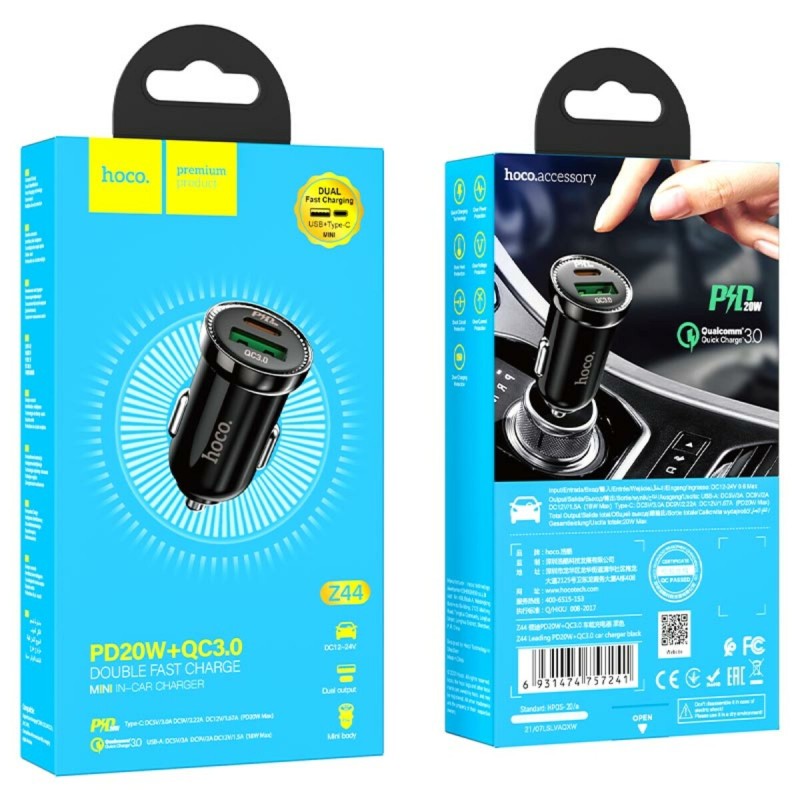 Автомобільний зарядний пристрій HOCO Z44 Leading PD20W+QC3.0 car charger Black
