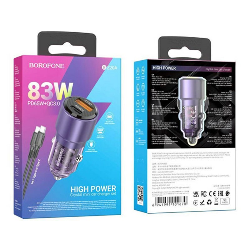 Автомобільний зарядний пристрій BOROFONE BZ20A Smart 83W dual port PD65W+QC3.0 car charger set(C to C) Transparent Purple