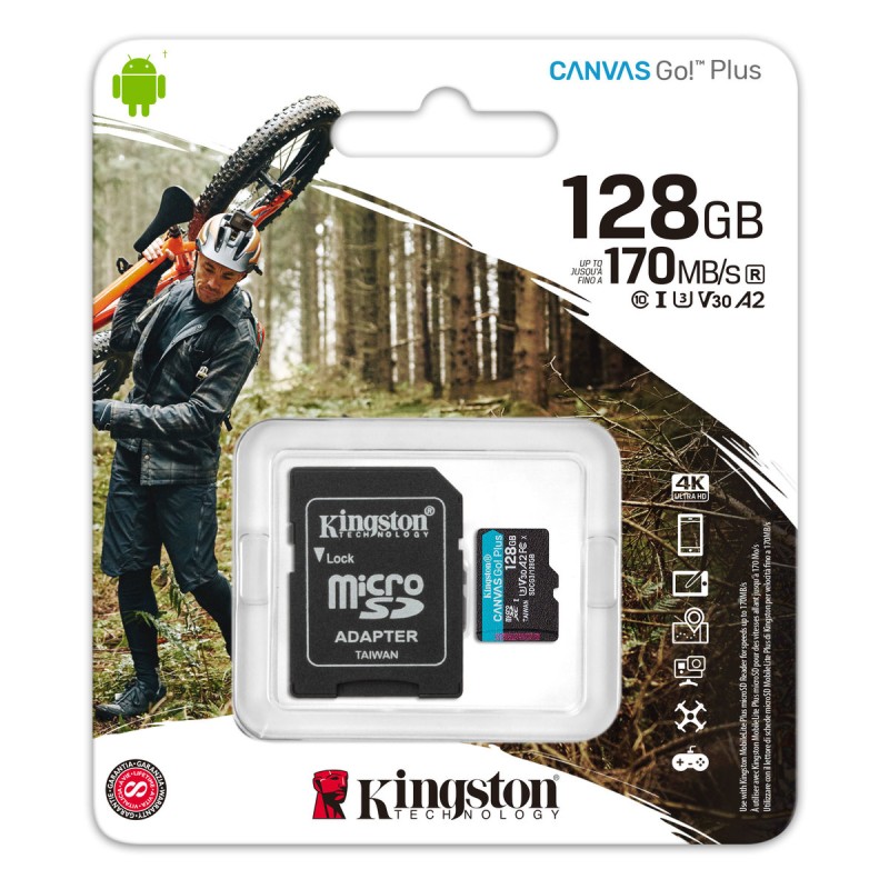 microSDXC (UHS-1 U3) Kingston Canvas Go Plus 128Gb class 10 A2 V30 (R170MB/s, W90MB/s) (adapter SD)