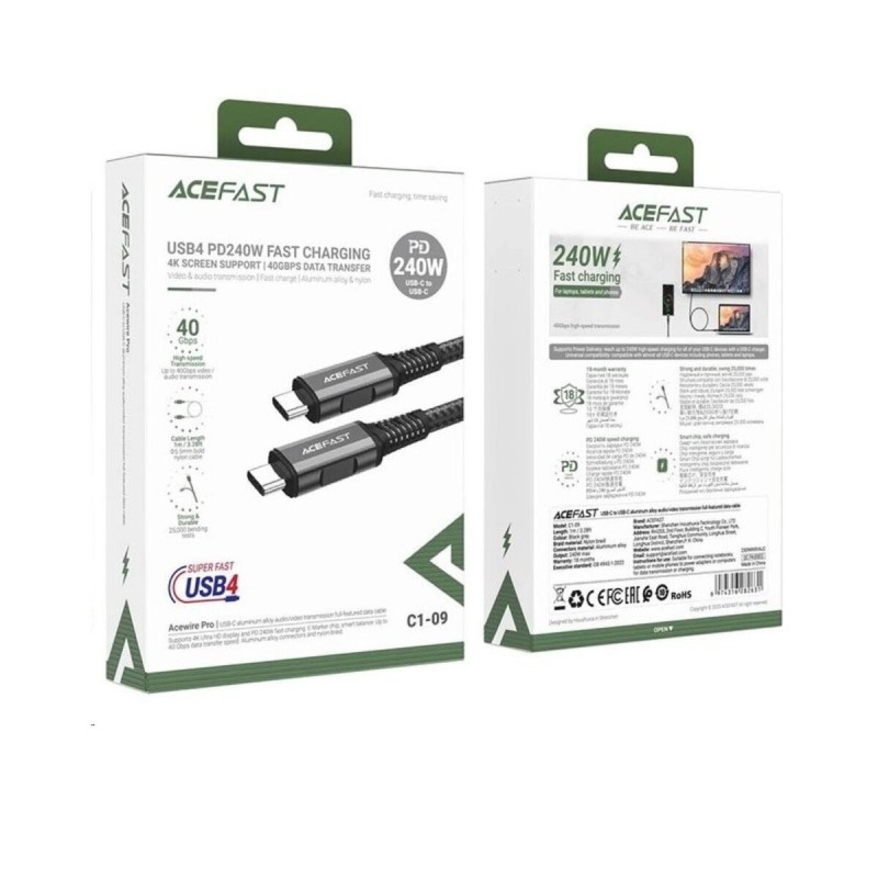 Кабель ACEFAST C1-09 USB-C to USB-C aluminum alloy audio/video transmission full-featured data cable Black