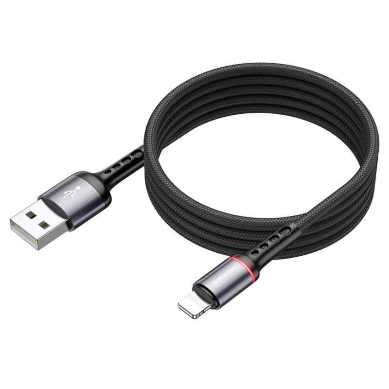 Кабель BOROFONE BU33 USB to iP 2.4A, 1.2m, nylon, aluminum connectors, light indicator, Black