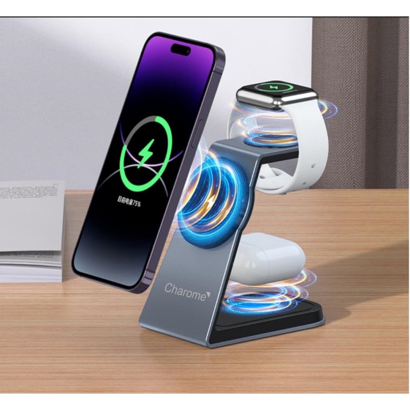 Бездротовий зарядний пристрій CHAROME H14 3-in-1 Wireless Charging Stand Silver