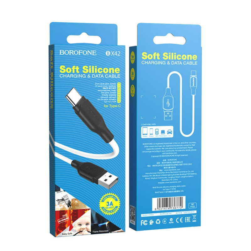 Кабель BOROFONE BX42 USB to Type-C 3A, 1m, silicone, TPE connectors, White