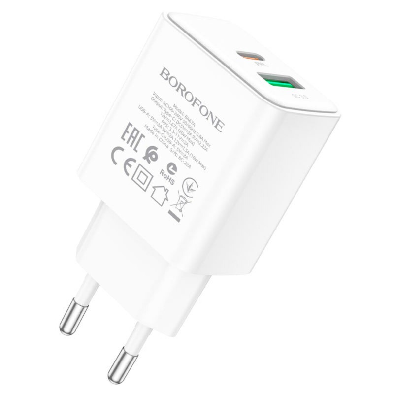 Мережевий зарядний пристрій BOROFONE BA67A PD20W+QC3.0 charger White
