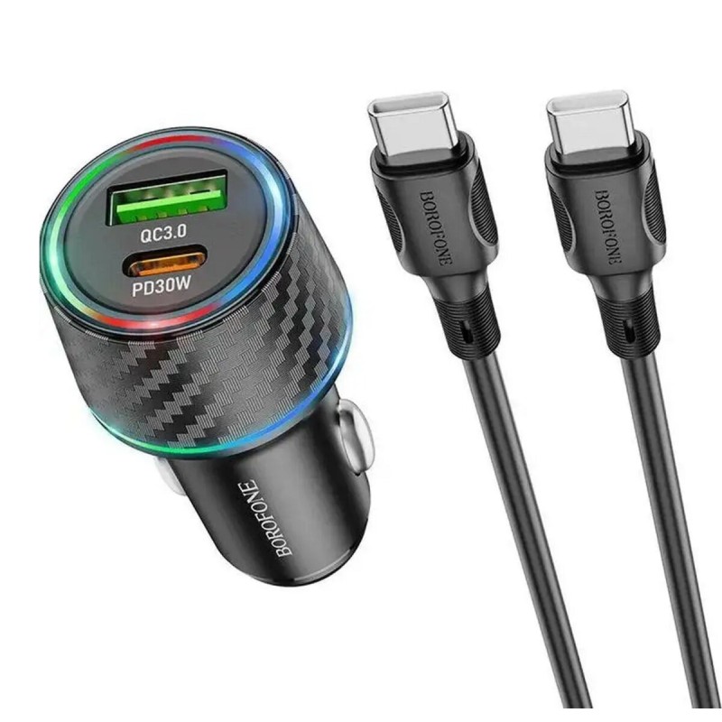 Автомобільний зарядний пристрій BOROFONE BZ21 Brilliant 48W dual port PD30W+QC3.0 car charger set(Type-C to Type-C) Black