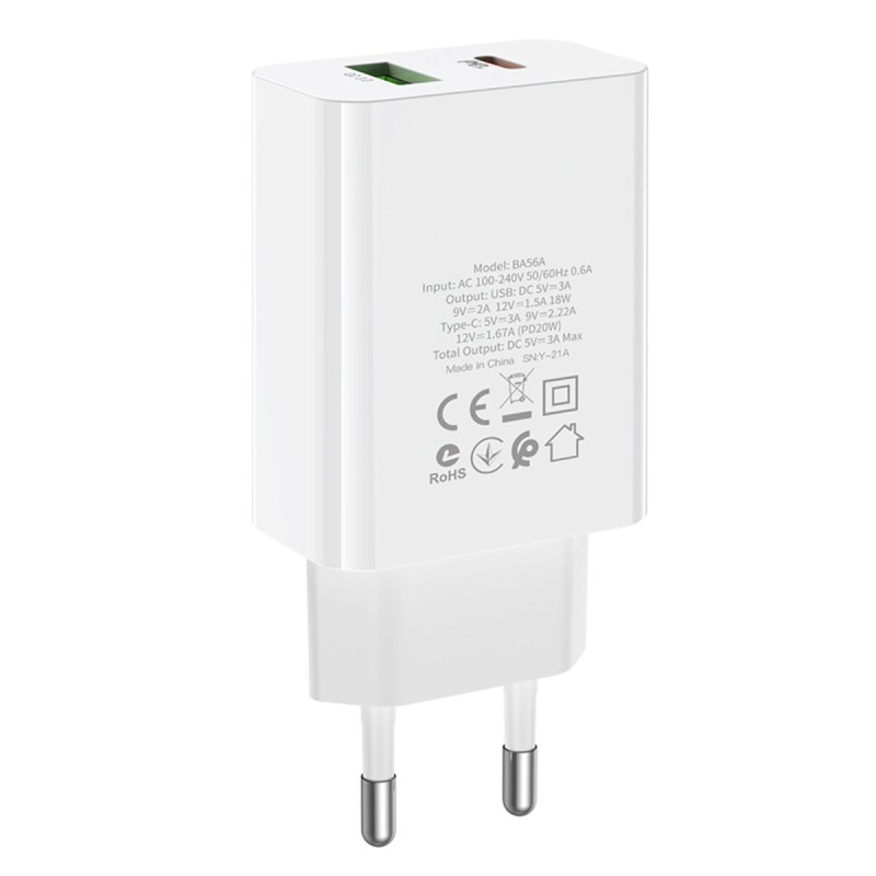 Мережевий зарядний пристрій BOROFONE BA56A Lavida dual port PD20W+QC3.0 charger White