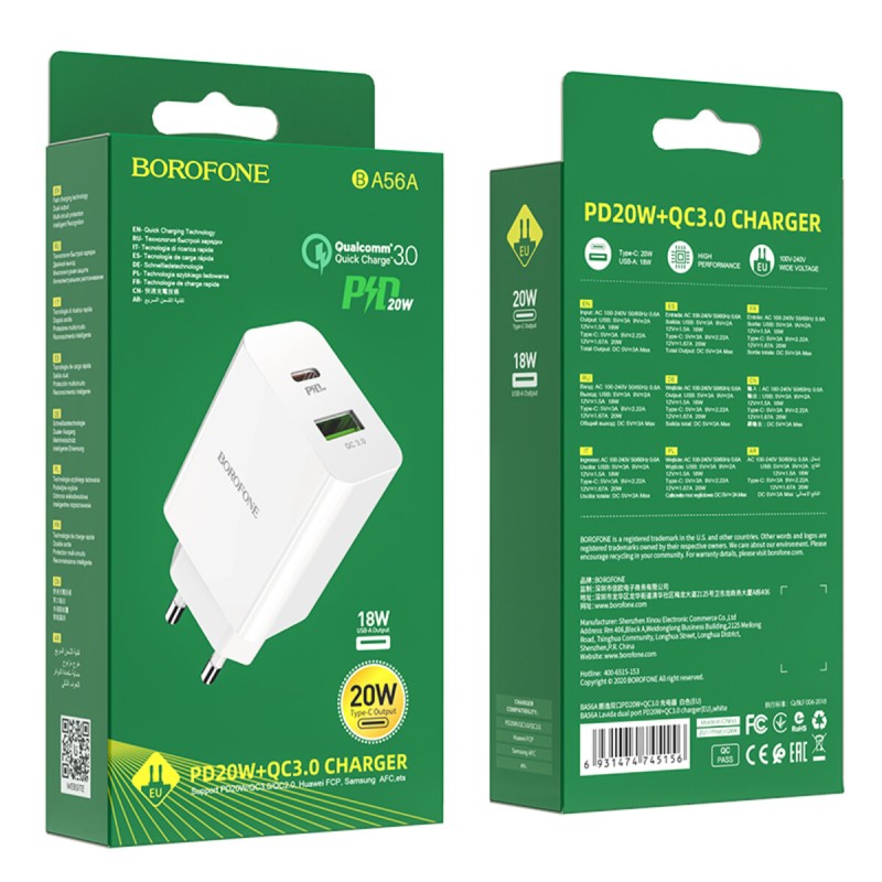 Мережевий зарядний пристрій BOROFONE BA56A Lavida dual port PD20W+QC3.0 charger White