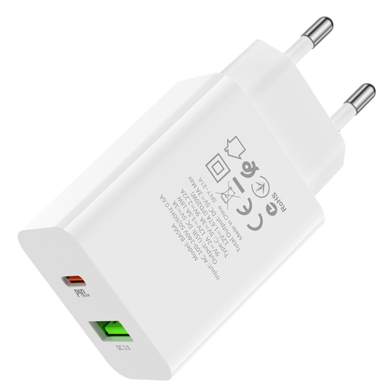 Мережевий зарядний пристрій BOROFONE BA56A Lavida dual port PD20W+QC3.0 charger White