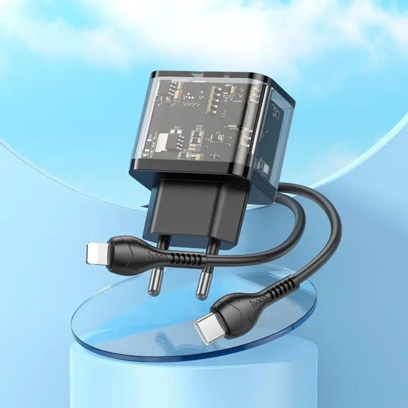 Мережевий зарядний пристрій HOCO N34 Dazzling dual-port PD20W+QC3.0 charger set(C to iP) Transparent Black