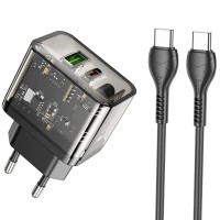 Мережевий зарядний пристрій HOCO N34 Dazzling dual-port PD20W+QC3.0 charger set(Type-C to Type-C) Transparent Black