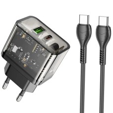 Мережевий зарядний пристрій HOCO N34 Dazzling dual-port PD20W+QC3.0 charger set(Type-C to Type-C) Transparent Black