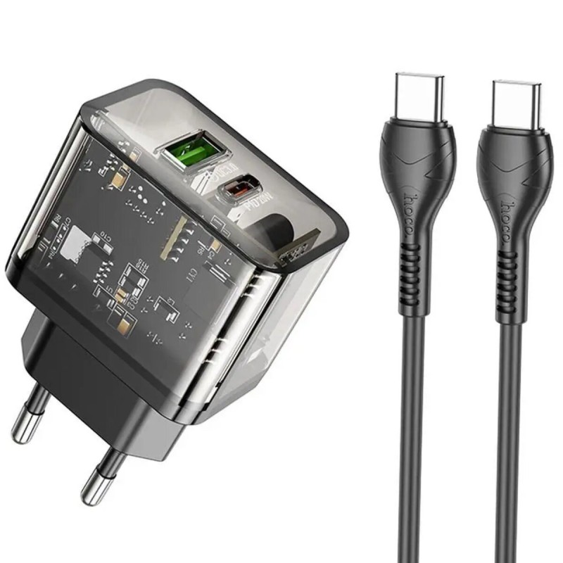 Мережевий зарядний пристрій HOCO N34 Dazzling dual-port PD20W+QC3.0 charger set(Type-C to Type-C) Transparent Black