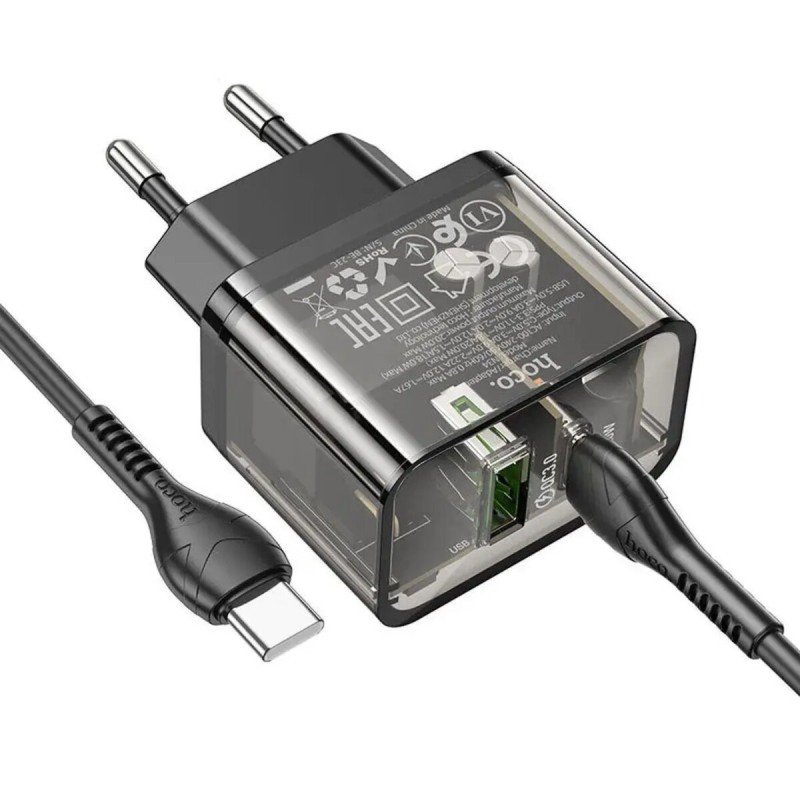 Мережевий зарядний пристрій HOCO N34 Dazzling dual-port PD20W+QC3.0 charger set(Type-C to Type-C) Transparent Black