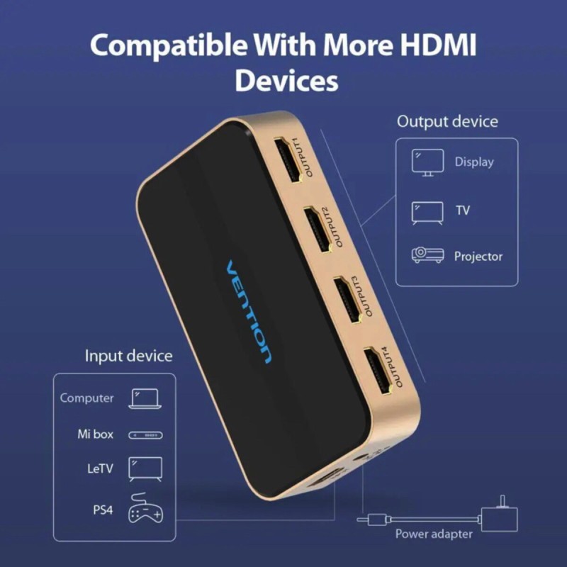 Сплітер Vention 1 In 2 Out HDMI Splitter 4K 30Hz Gold Aluminum Alloy Type EU Standard (ACBG0-EU)