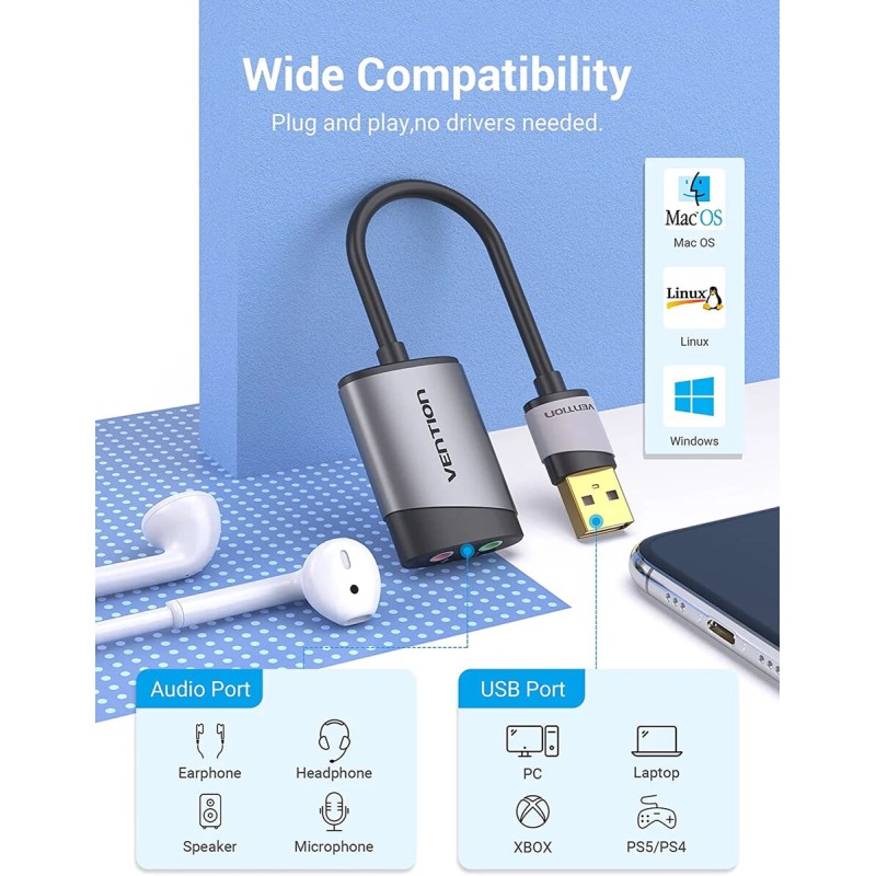 Адаптер Vention USB External Sound Card 0.15M Gray Metal Type (CDKHB)