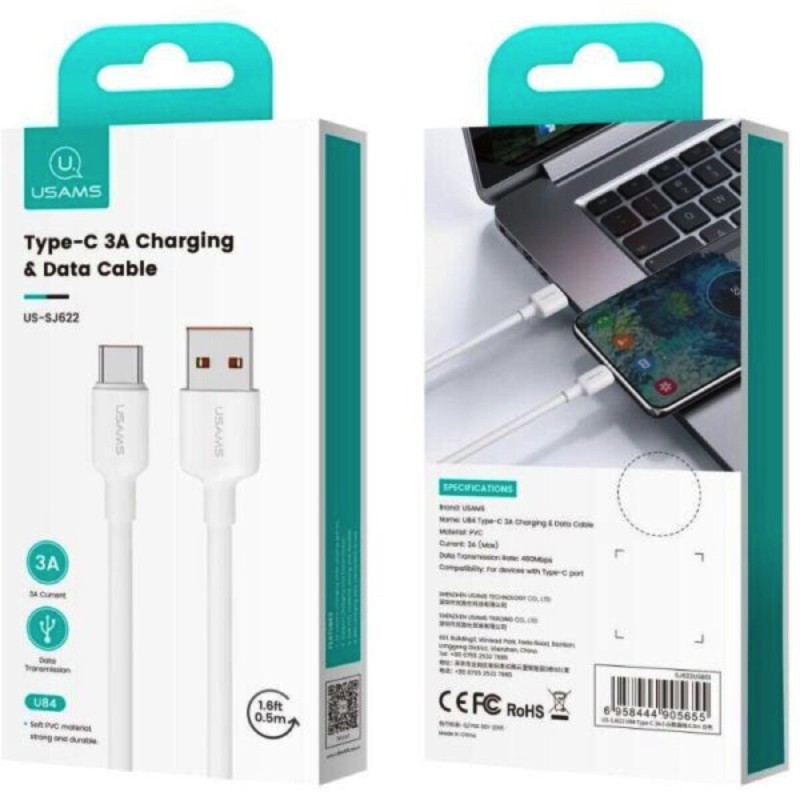 Кабель Usams US-SJ622 U84 Type-C 3A Charging & Data Cable 0.5m White (SJ622USB01)