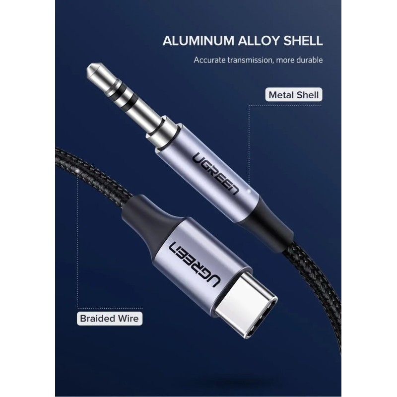 Кабель UGREEN AV143 Round USB-C Audio Cable 3.5mm M/M Aluminum Shell 1m (Deep Gray)(UGR-30633) (UGR-30633)