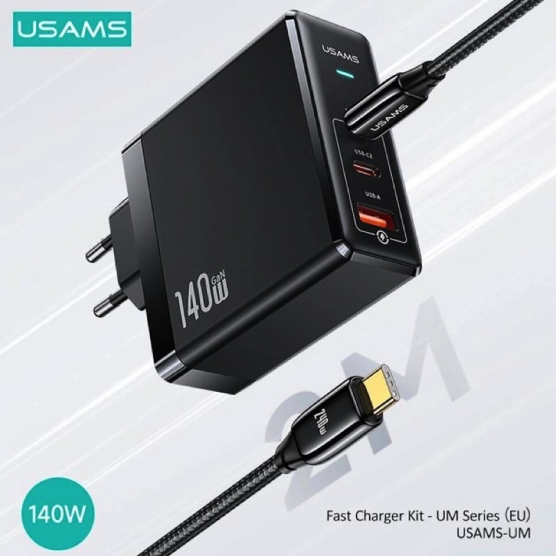 Мережевий зарядний пристрій Usams US-UM Fast Charger Kit--UM Series US-CC168 EU T52 140 W ACC GaN Fast Charger+US-SJ581 U82 Type-C To Type-C 240W PD3. (UMXLOGTC01)