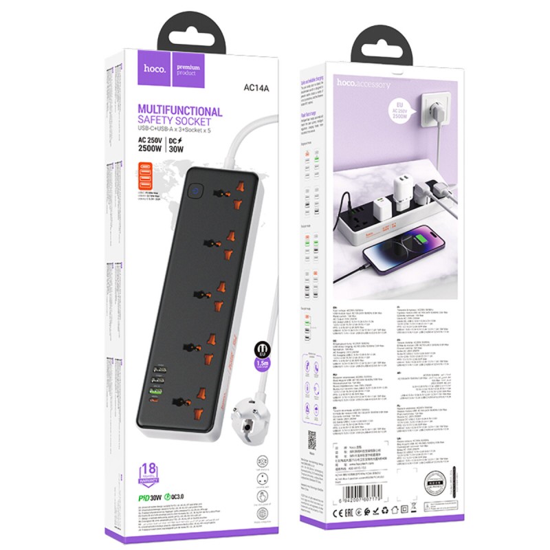 Мережевий подовжувач HOCO AC14A Rico 5-position socket(PD30W/1C3A) Black (6942007607179 )