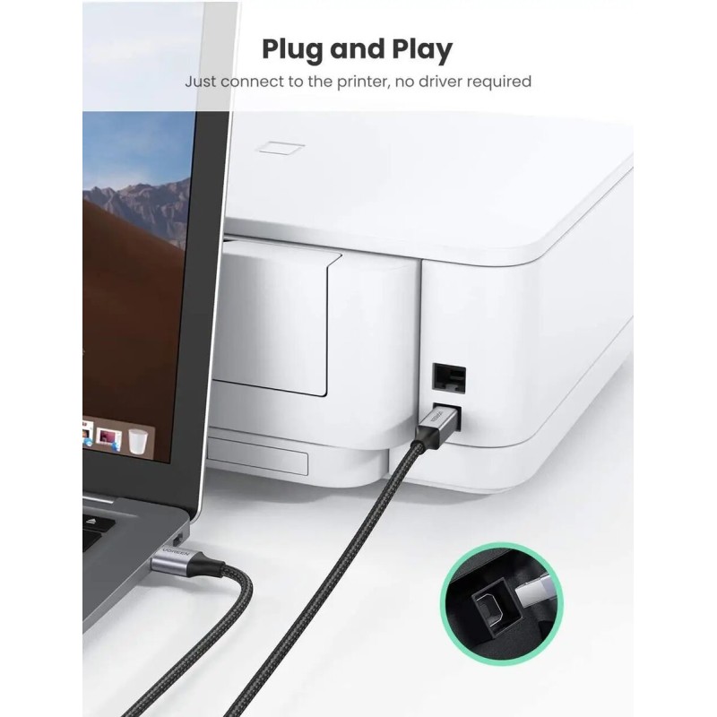 Кабель UGREEN US369 USB-A Male to USB-B 2.0 Printer Cable Alu Case with Braid 2m  (Black)(UGR-80803) (UGR-80803)