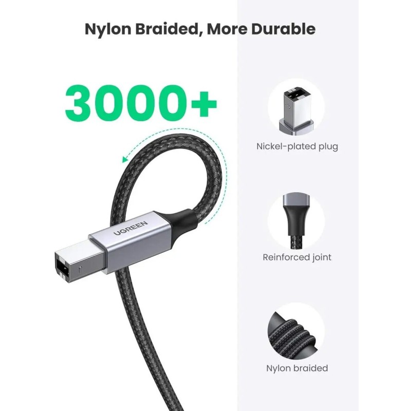 Кабель UGREEN US369 USB-A Male to USB-B 2.0 Printer Cable Alu Case with Braid 2m  (Black)(UGR-80803) (UGR-80803)