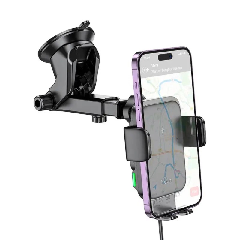 Тримач для мобільного з БЗП HOCO HW11 Jenny three-axis linkage wireless fast charging car holder(center console) Black (6942007611497)