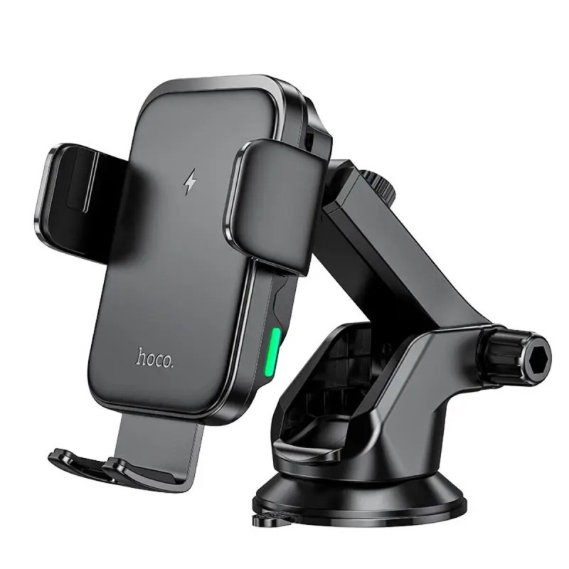 Тримач для мобільного з БЗП HOCO HW11 Jenny three-axis linkage wireless fast charging car holder(center console) Black (6942007611497)