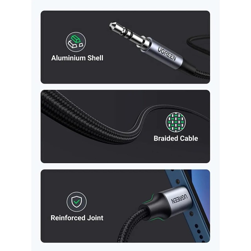 Кабель UGREEN US315 Lightning to 3.5mm Aux Cable Aluminum Shell with Braided 1m (Black)(UGR-70509) (UGR-70509)