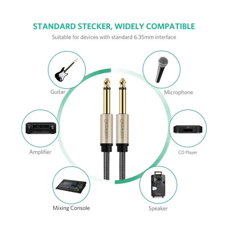 Аудіо кабель UGREEN AV128 6.5mm  Male to Male Audio Cable Gray 2m(UGR-10638) (UGR-10638)
