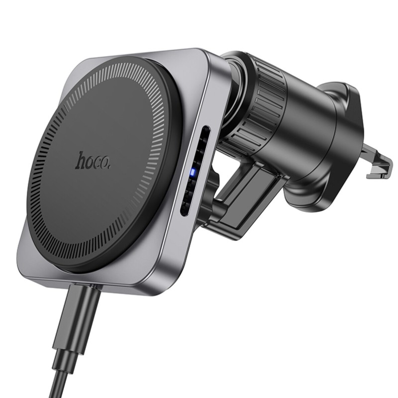Тримач для мобiльного з БЗП HOCO HW15 Speed magnetic wireless fast charging car holder(air outlet) Black Metal Gray (6942007617635 )
