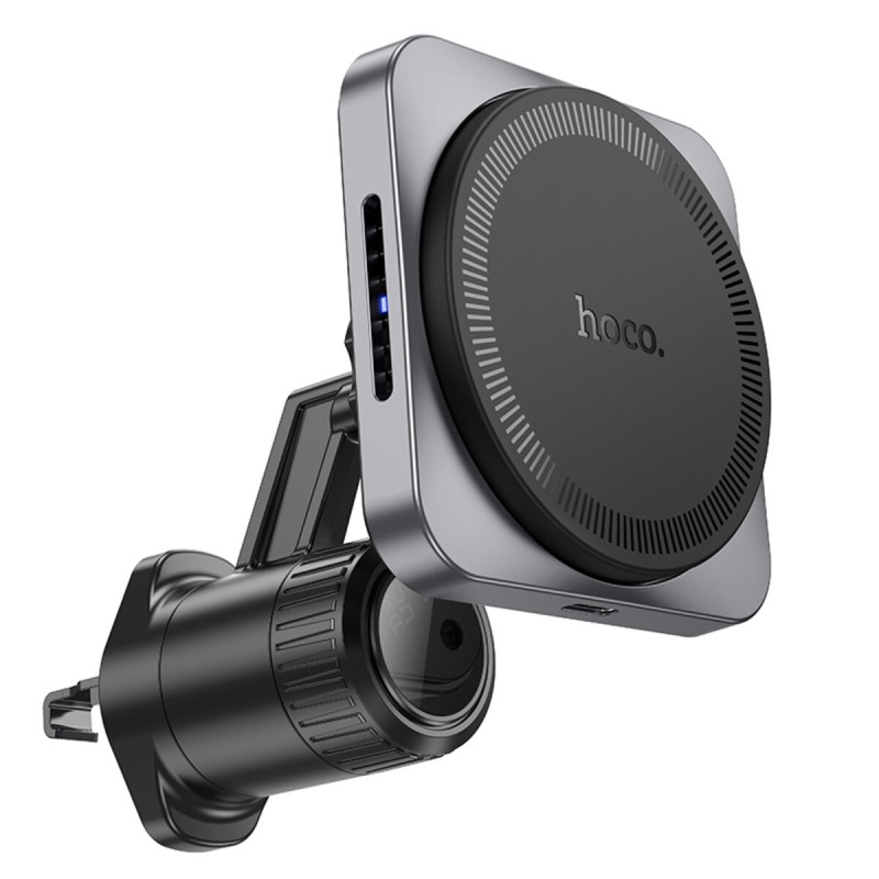 Тримач для мобiльного з БЗП HOCO HW15 Speed magnetic wireless fast charging car holder(air outlet) Black Metal Gray (6942007617635 )